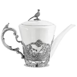 Серебряный чайный набор "Королевская охота": ложка, чашка, чайник